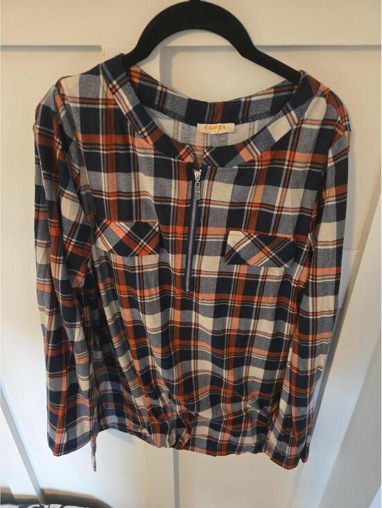 Tops - BAIKEA Women's XL Orange and Blue Plaid Quarter-Zip Pullover Blouse
